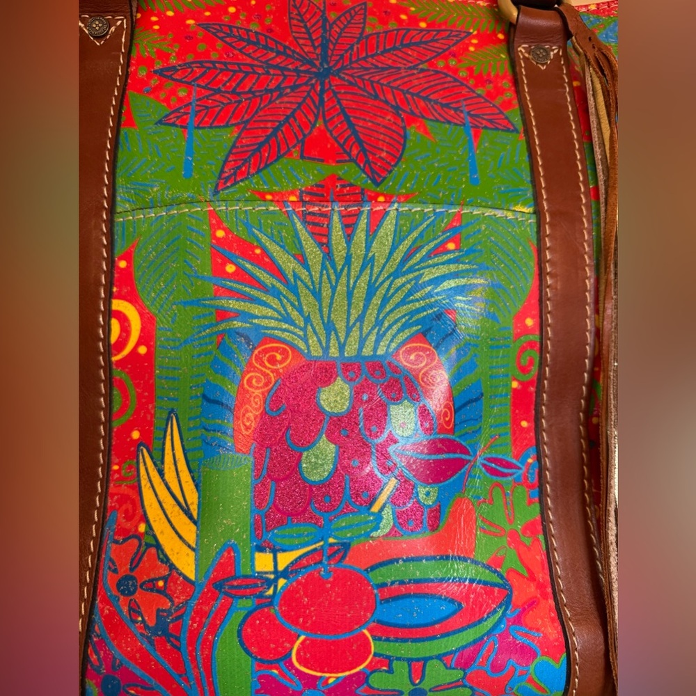🌺 Patricia Nash Italian Leather Tote 🌴 Tropical Poster Print w/ Glitter Finish 🦜 - Picture 3 of 8
